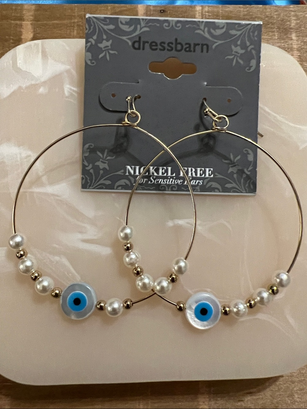 3/$18 dressbarn Gold Hoop Earrings with Pearl Beads and Blue Evil Eye Lot 107